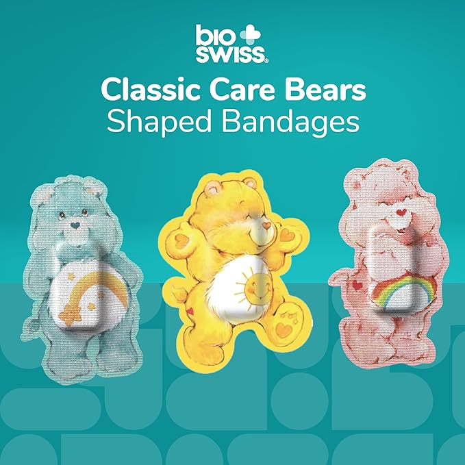 BioSwiss Care Bears Bandages, Classic Care Bear Shaped Self Adhesive Bandage, Latex Free Sterile Wound Care, Fun First Aid Kit Supplies for Kids, 50 Count-CubbioJoy