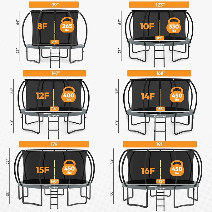 JUMPZYLLA Trampoline Outdoor 8FT 10FT 12FT 14FT 15FT 16FT with Enclosure and Ladder, ASTM Approved Recreational Trampoline for Kids and Adults, Anti-Rust Coated Frame-CubbioJoy