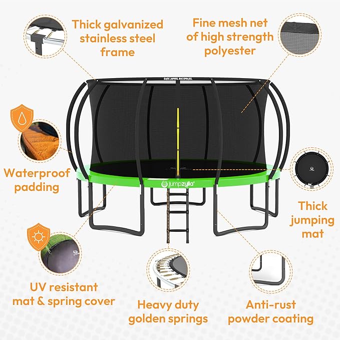JUMPZYLLA Trampoline Outdoor 8FT 10FT 12FT 14FT 15FT 16FT with Enclosure and Ladder, ASTM Approved Recreational Trampoline for Kids and Adults, Anti-Rust Coated Frame-CubbioJoy