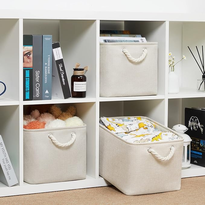 Bidtakay Baskets Collapsible Large Toy Storage Baskets for Organizing Set of 3 Closet Organizer Linen Cream Storage Bins 15 X 11 X 9.5 Inch Shelf Organizer Bins for Nursery Storage (Light Beige)-CubbioJoy