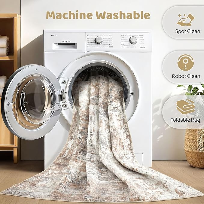 7x9 Area Rug Living Room: Machine Washable Large Abstract Modern Soft Rugs Stain Resistant Indoor Floor Non Slip Accent Carpet for Bedroom Nursery Playroom Office Dining Room Dorm Home House- Brown-CubbioJoy