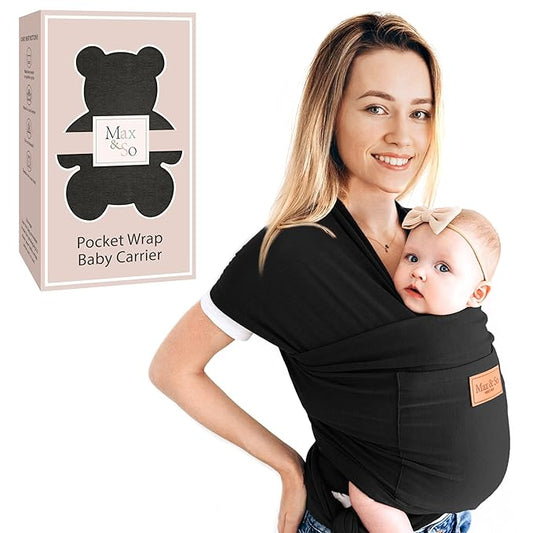 Baby Wrap Carrier - Premium Cotton Baby Carrier Wrap for Newborn to Toddler- Infant Carrier- Baby Holder One Size Fits All with Front Pocket (Black) by Max&so-CubbioJoy