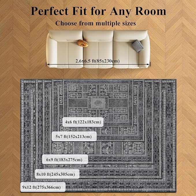 9x12 Area Rug Living Room Rugs, Stain Resistant Washable Rug, Vintage Large Non-Slip Backing, Low Pile Lightweight Print Rug for Bedroom Dinning Room Home Office (Grey)-CubbioJoy