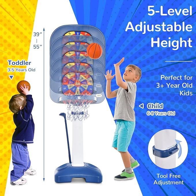 Costzon Kids Basketball Hoop, 4-in-1 Toddler Sports Activity Center with 5 Adjustable Height, Basketball Golf Toss Ring Dart Board Game Set, Indoor Outdoor Toddler Basketball Hoop, Gift for Boys Girls-CubbioJoy