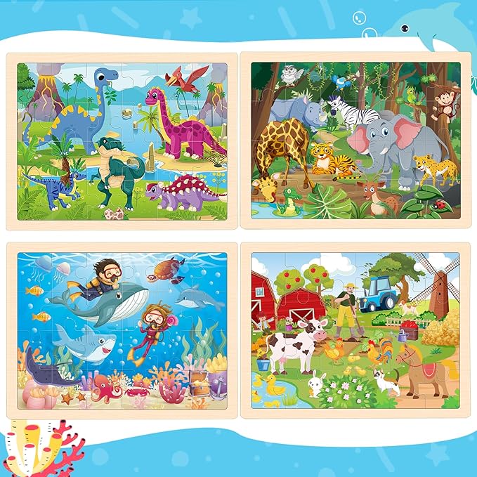 4 Packs Puzzles for Kids Ages 4-6, Wooden Animals Jigsaw Puzzles for Toddlers Ages 2-4, Preschool Educational Puzzles Boards Toys Gifts for 3 4 5 6 Boys Girls-CubbioJoy