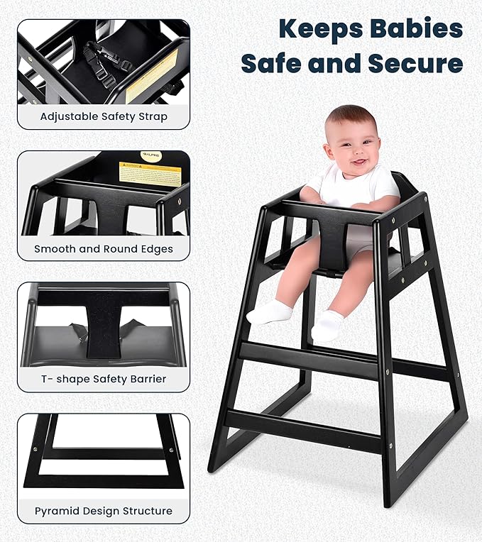 Alpine Wooden High Chairs for Babies and Toddlers with Safety Strap, Commercial Grade Restaurant High Chair, Durable Wood Space Saver Baby Feeding Chair, Ideal for Dining Spaces (2 Pack, Black)-CubbioJoy