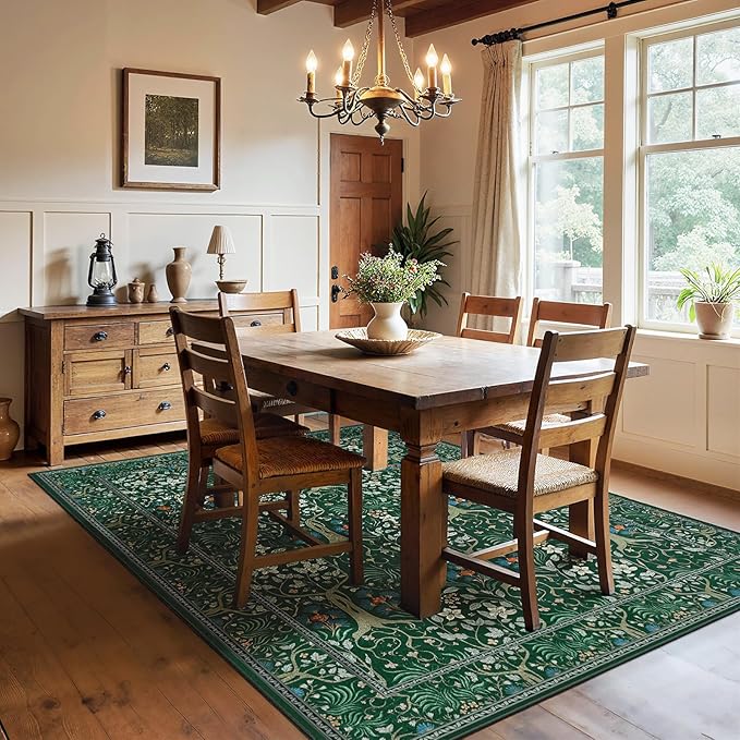 Joydeco Floral 5x7 Area Rugs for Living Room, Boho Dark Green Washable Rug Non Slip, Soft Low-Pile Botanical Forest Indoor Floor Throw Carpet for Office Dining Table Playroom Dorm-CubbioJoy