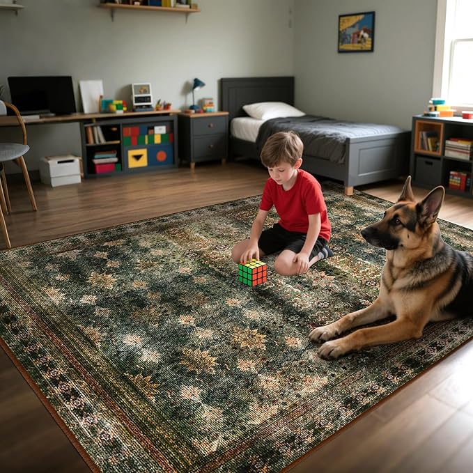 6x9 Washable Area Rug Non Slip, Thin Vintage Floral Living Room Rug Low Pile, Indoor Large Distressed Print Carpet for Bedroom, Dining Room, Farmhouse, Home Office, Dorm(Dark Green/Brown/Multi)-CubbioJoy