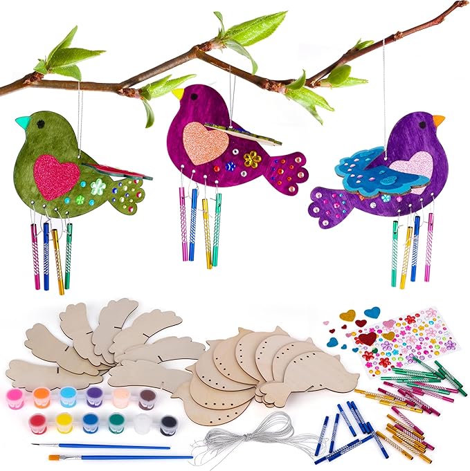 ArtCreativity DIY Wind Chime Kit for Kids - 8 Pack - Wooden Wind Chime Set with Paint Kit, Rhinestone Flower Stickers, Glitter Heart Foam Stickers, and More - Summer Arts and Crafts for Kids 3 and Up-CubbioJoy
