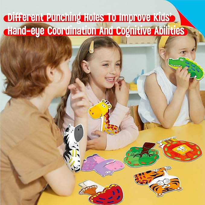 9 Pieces Lacing Cards, Double Sided Sewing Cards in 9 Jungle Animals with 9 Colorful Laces, Imagination Development Lacing Toys Games Educational and Learning Activity for Preschoolers, Kids-CubbioJoy