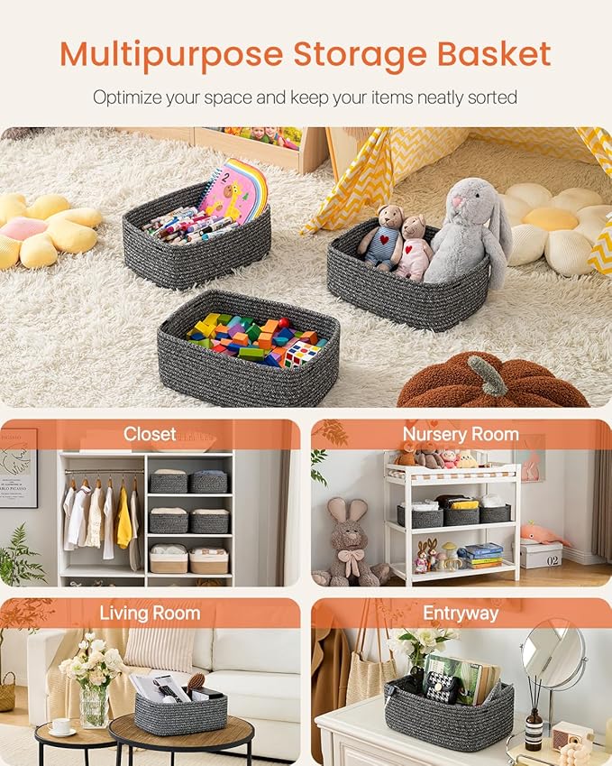 KALLAX Small Woven Basket, 13.5 x 9.5 x 5 Inches, Storage Basket for Organizing, Cute Small Rope Shelf Closet Cube Storage Bins Baskets for Shelves, Dog Toy Gift Baskets Empty, 3 Pack Mixed Black-CubbioJoy