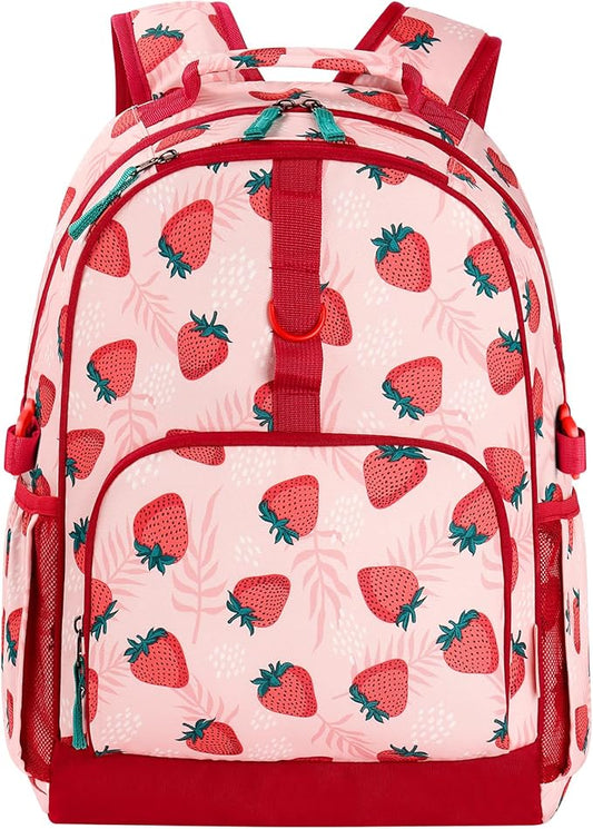 Choco Mocha Strawberry Backpack for Girls, Elementary School Backpack for Girls Ages 6-8 Kids Kindergarten Backpack Bookbag 17 Inch with Chest Strap, Pink-CubbioJoy