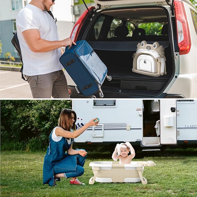 Collapsible Baby Bathtub for Infants to Toddler with Real-time Temp Monitor+Floating Cushion,Foldable Baby Bath Tub Set Applicable 0-36 Month,Portable Travel Baby Tub for Newborns Boy (Beige)-CubbioJoy