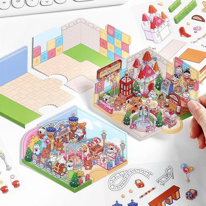 DIY 3D House Stickers, Cute 3D Cartoon Scene for Adult Kids Relief Stress Pass The Time,Cute Make Your Own House Stickers for Gifts Paint by Sticker.(4 Set)-CubbioJoy