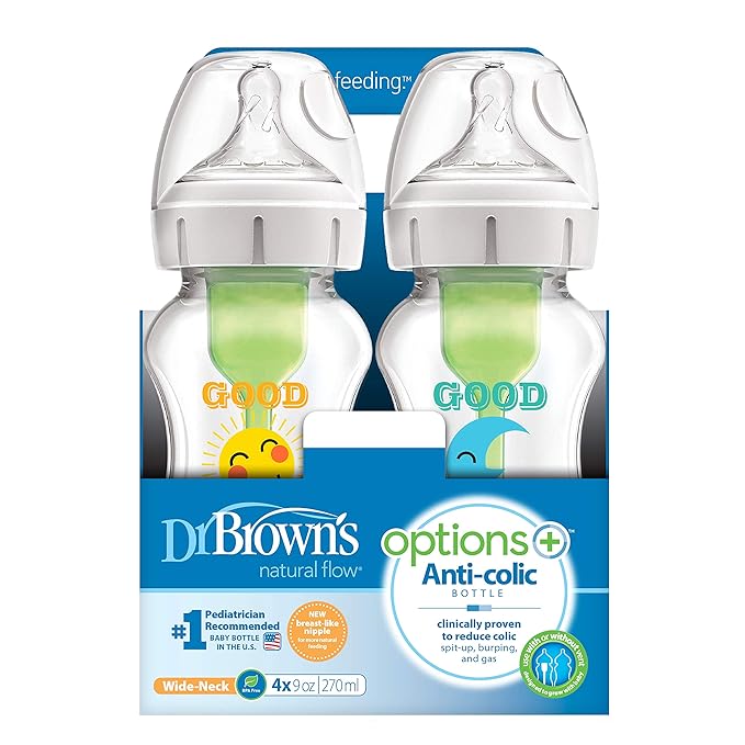 Dr. Brown's Natural Flow Anti-Colic Options+ Wide-Neck Baby Bottles, 9 oz/270 mL, with Level 1 Slow Flow Nipple, 4 Pack Good Morning/Good Night Gift Set-CubbioJoy