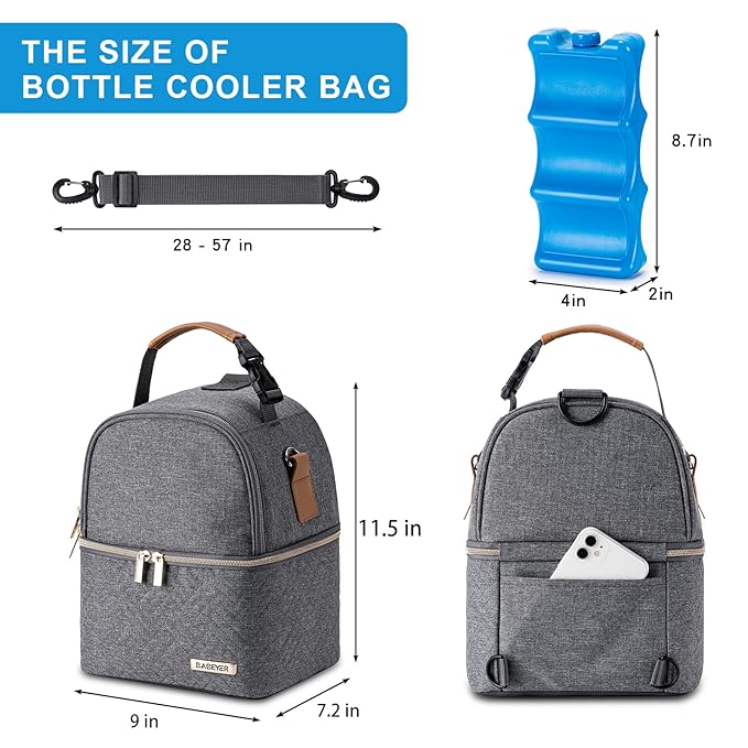 Breastmilk Cooler Bag with Ice Pack Fits 6 Baby Bottles up to 9 Ounce, Breast Milk Pump Cooler Bag with Shoulder Strap for Nursing Mom Daycare, Work, Travel- Dark Grey-CubbioJoy