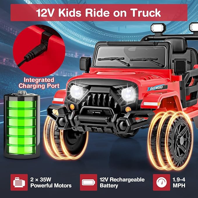 Costzon 12V Kids Ride on Truck Car, Electric Vehicle w/Remote Control, Threaded Wheels, 3 Speeds, LED Lights, Music, Horn & Wireless Connection, Battery Powered Ride on Toy for Boys & Girls 3+ (Red)-CubbioJoy