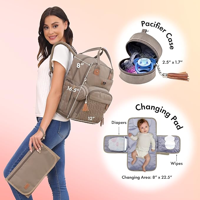 Dikaslon Diaper Bag Backpack with Portable Changing Pad, Pacifier Case and Stroller Straps, Large Unisex Baby Bags for Boys Girls, Multipurpose Travel Back Pack Moms Dads,Khaki-CubbioJoy