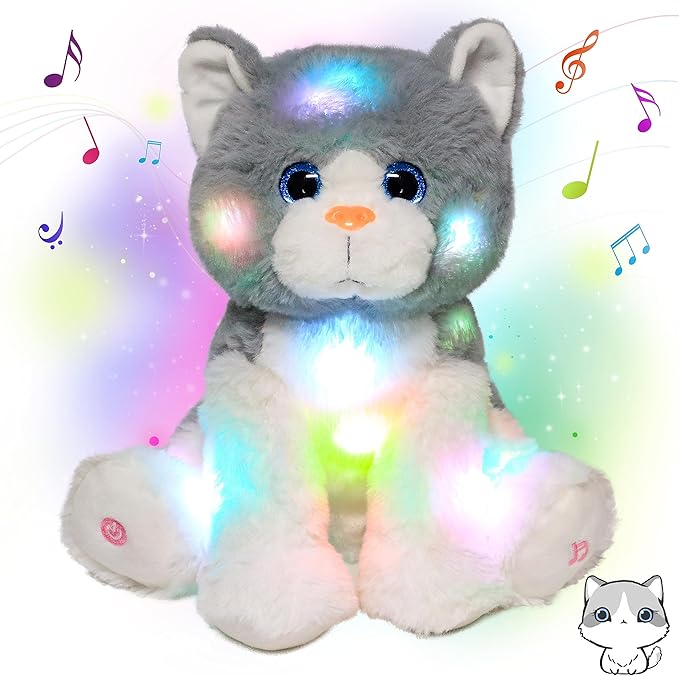 Cuteoy Light-up Singing Plush Cat LED Musical Kitty Stuffed Animal Adjustable Volume Lullaby Plushies Birthday Christmas Toy Gifts for Kids Toddler Girls, 10.5"-CubbioJoy