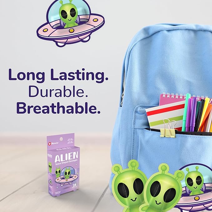 BioSwiss Bandages, Halloween Alien Shaped Self Adhesive Bandage, Latex Free Sterile Wound Care, Fun First Aid Kit Supplies for Kids, 24 Count-CubbioJoy