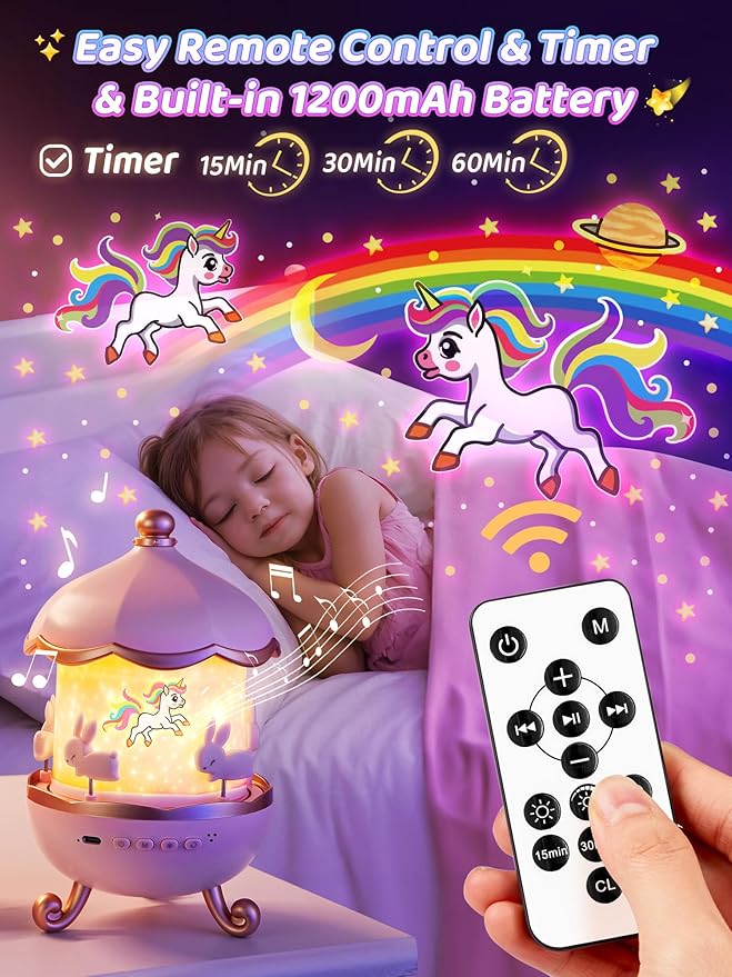 Carousel Night Light for Kids, 10 Music+15 Films+315 Colors Star Projector for Kids Night Light Projector,360°+Remote+1200mah Star Lights for Ceiling, Unicorn Toys for Girls Room Decor Princess Gifts-CubbioJoy