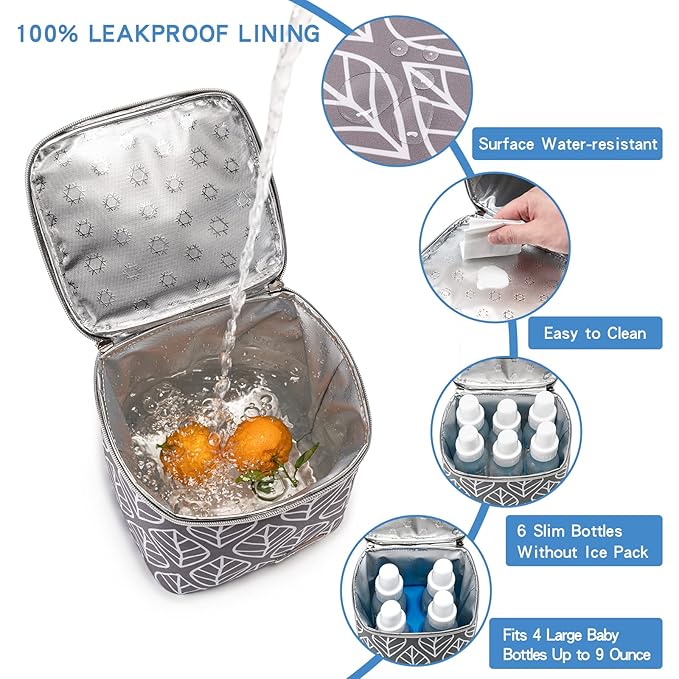 Breast Milk Cooler Bag with Ice Pack Fits 4 Baby Bottles Up to 9 Ounce, Baby Bottle Bag for Nursing Mom Daycare-Grey-CubbioJoy