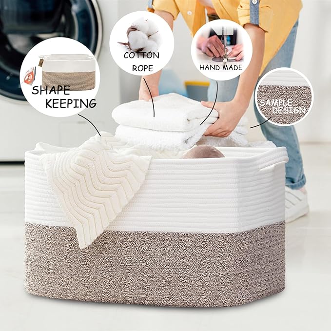 COMFY-HOMI Large Laundry for Organizing|Rectangle Cotton Rope Storage with Handles|Blanket for Living Room|Woven Laundry for Towels, Toys, Clothes-22x15x12”-White/Brown-CubbioJoy