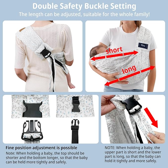 CUBY Wrap Baby Sling Carrier, Baby Wraps Sling Carrier Adjustable Breathable Lightweight Easy to Wearing - Baby Slings for Newborn Infant Toddler Front & Hip Carry Up to 40lbs (Blue Flower)-CubbioJoy