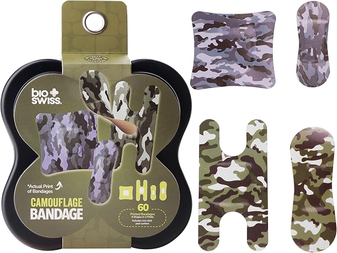 BioSwiss Bandages, Assorted Size Camoflauge Print Self Adhesive Bandage, Latex Free Sterile Wound Care, First Aid Kit Supplies for Kids and Adults, 60 Count-CubbioJoy