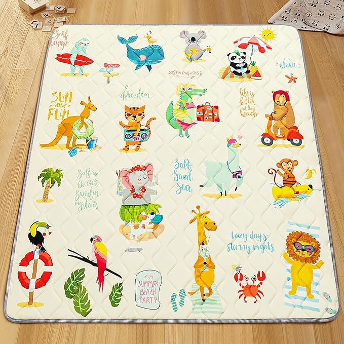 Baby Play Mat - Thicken 71x59 Inch Soft Foam Crawling Mat for Playpen & Floor, Non-Slip Waterproof Playmats for Infants & Toddlers, Portable Foldable & Machine Washable, Beach Animals-CubbioJoy