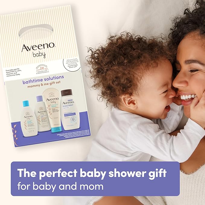 Aveeno Baby Bathtime Solutions Mommy & Me Gift Set, Baby Wash & Shampoo, Calming Bath, Daily Moisturizing Lotion & Stress Relief Body Wash for Mom, Nourishing Oat, Registry Must Haves, 4 items-CubbioJoy