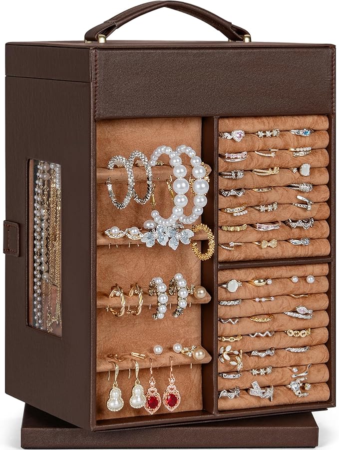 AKOZLIN 360° Rotating Jewelry Box 6-Tier Organizer Functional 360° Rotating Jewelry Storage Case for Women Girls Ring Necklace Earring Bracelet Holder with Mirror Brown-CubbioJoy