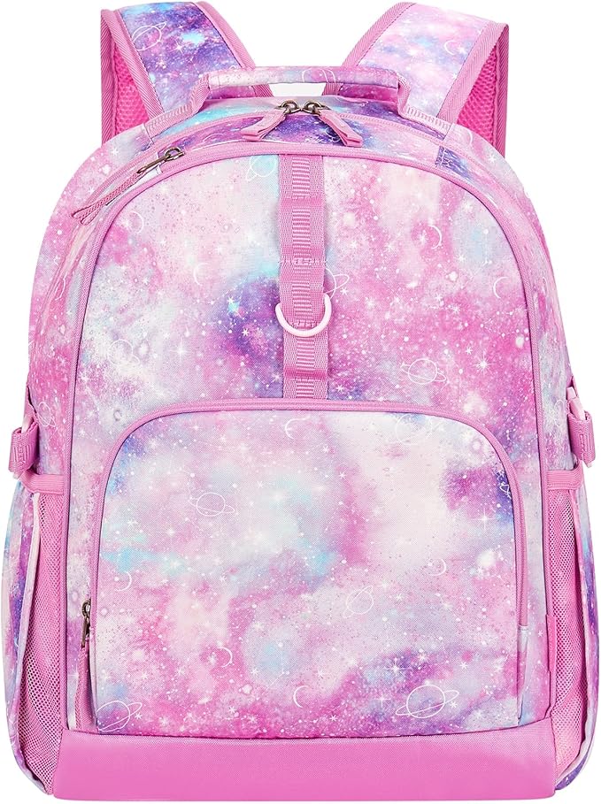 Choco Mocha Galaxy Backpack for Girls, Elementary School Backpack for Girls Ages 6-8 Kids Kindergarten Backpack Bookbag 17 Inch with Chest Strap, Pink-CubbioJoy