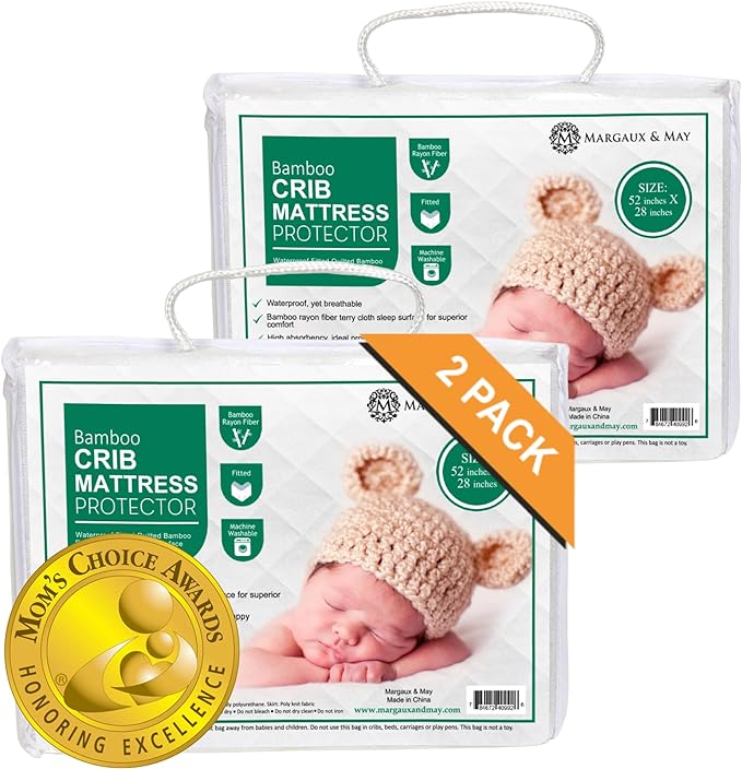 Crib Mattress Protector Pad 2 Pack - Ultra-Soft Waterproof Breathable Premium Bamboo Rayon - Noiseless Fitted Dryer Safe Cover for Crib. High Absorbency Oeko-TEX Certified MARGAUX & MAY-CubbioJoy