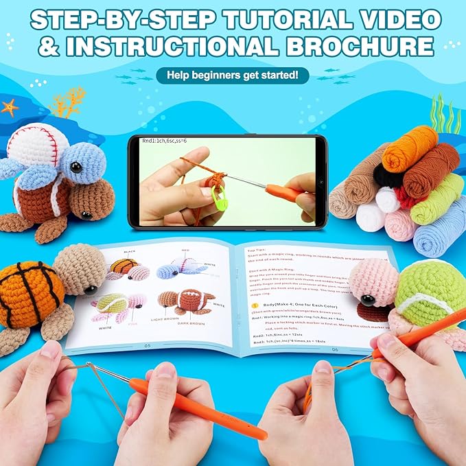 Crochet Kit for Beginners -4 PCS Turtle Crochet Kit with Step-by-Step Video Tutorials, Beginner Crochet Kits for Adults, Animal Crochet Turtle Ball Games Set-CubbioJoy