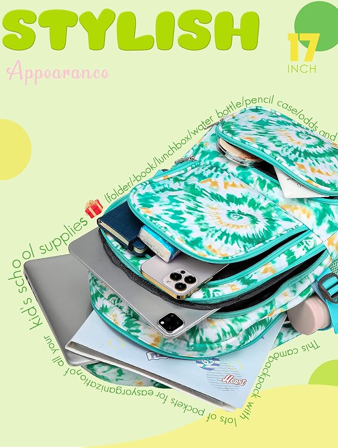 BLUEFAIRY Kids Backpack for Girls Elementary Primary Middle School Bags for Aged 8-10 for Teens Childs Bookbags Back to School Book Bags Gifts Mochilas para Niñas de 6 7 8 9 10 Años Tie-dye Green-CubbioJoy