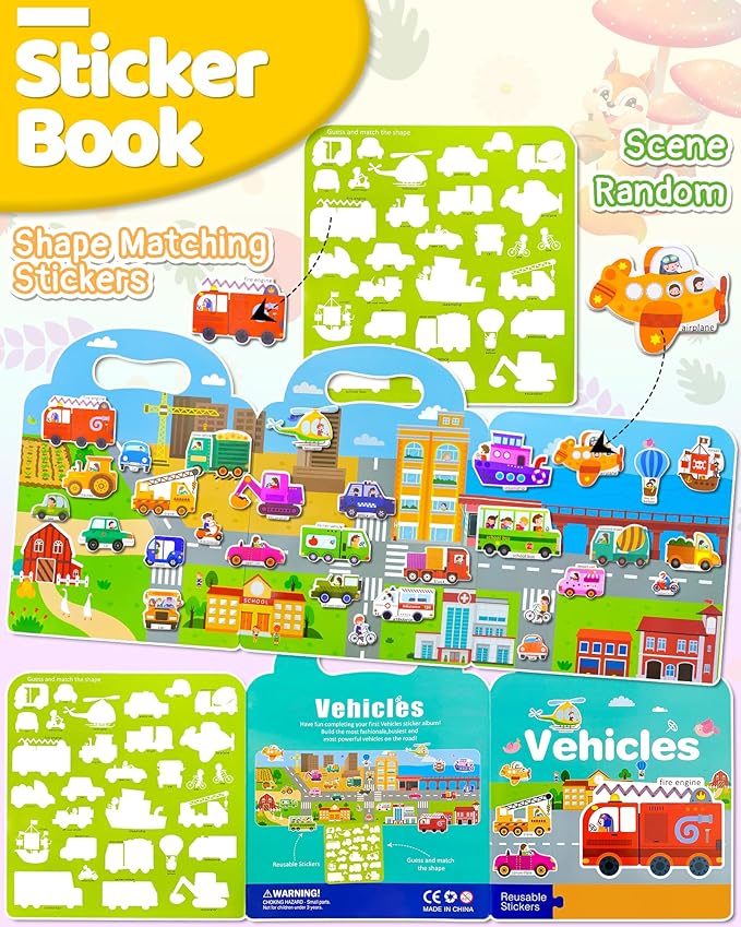 Benresive Reusable Sticker Books for Kids 2-4, Sticker Books for Toddlers 1-3 2-4, Toddler Travel Toys Activities Crafts Gifts - Vehicle-CubbioJoy