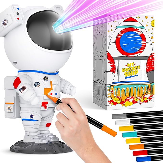 Color My Astronaut Galaxy Projector - DIY Spaceman Night Light with Acrylic Markers Kit & Space Stickers - Paint Your Own Lamp - Arts and Craft for Kids Ages 4-8 - Unique Gift for 5-10 Year Old Boys-CubbioJoy
