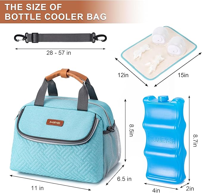 Breastmilk Cooler Bag with Ice Pack Fits 6 Baby Bottles up to 9 Ounce, Wearable Breast Pumps Cooler Bag for Nursing Mom Daycare, Work, Travel- Aqua-CubbioJoy
