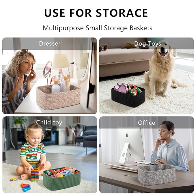 4 Pack Small Storage Shelf Baskets for Organizing, Mini Woven Rope Storage Bins for Towels, Cute Decorative Closet Organizer，Baby Nursery, Gift Empty Baskets -13.78''Lx9.84''Wx5.51''H-Brown-CubbioJoy