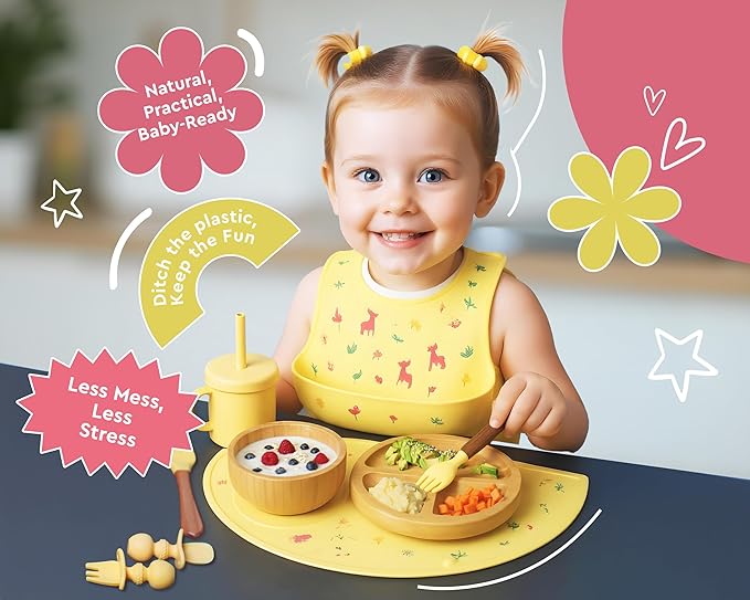 Bamboo Baby Feeding Set for Infants & Toddlers - Baby Essentials, Non-Toxic, Sustainable, Bamboo Suction Plate & Bowl, Bib, Sippy Cup w/Lid & Straw, Daily Use, Travel, Baby Shower Gifts (Yellow)-CubbioJoy