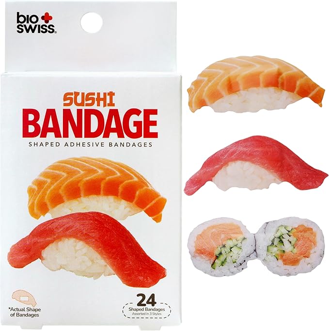 BioSwiss Bandages, Sushi Shaped Self Adhesive Bandage, Latex Free Sterile Wound Care, Fun First Aid Kit Supplies for Kids and Adults, 24 Count-CubbioJoy