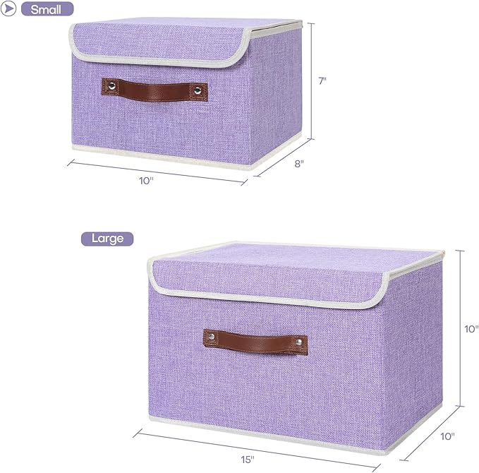 ANMINY 2PCS Storage Bins with Lid PU Leather Handles Storage Boxes PP Plastic Board Decorative Foldable Lidded Cotton Linen Fabric Home Cubes Baskets Closet Organizer Containers - Purple, Small Size-CubbioJoy
