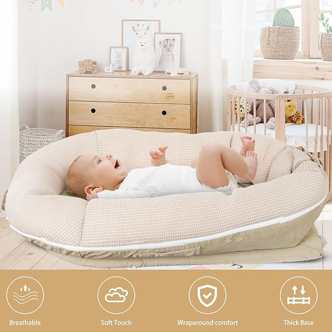 Baby Lounger, Deluxe Infant Lounger, Baby Nest Cover for Baby, Breathable Cotton, Adjustable Baby Floor Seat for Tummy Time, Newborn Essentials for Baby 0-12 Months (Khaki)-CubbioJoy