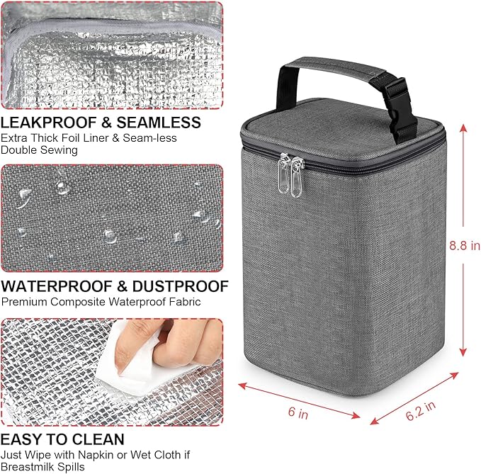 Accmor Breastmilk Cooler Bag with Ice Pack, Baby Bottle Cooler Bags, Insulated Tote Bags On The Go, Fits 4 Large 8oz Bottles, for Nursing Mom Daycare Travel, Grey-CubbioJoy