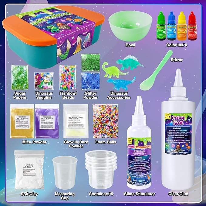Dinosaur Slime Kit for Girls, Glimmer Crunchy, Galaxy Slime Making Kit for Kids 6-12, Glow in The Dark DIY Slime Kit with Add-ins, Foam Balls, Charms, Glitters, Dinosaur Gift Toys-CubbioJoy