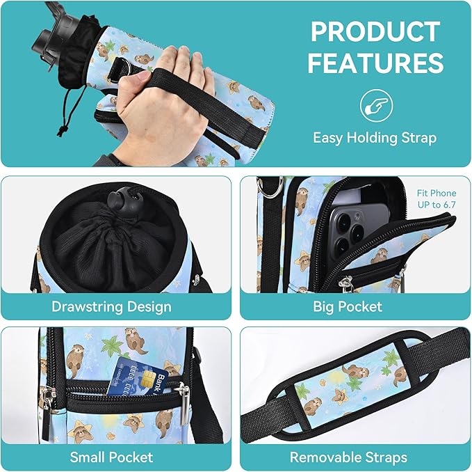 25/32/40/64oz Water Bottle Bag Holder Carrier-Insulated Crossbody Sling Case Sleeve with Strap & Pockets for Men Women Gym Cycling Travel Walking Hiking Camping-CubbioJoy