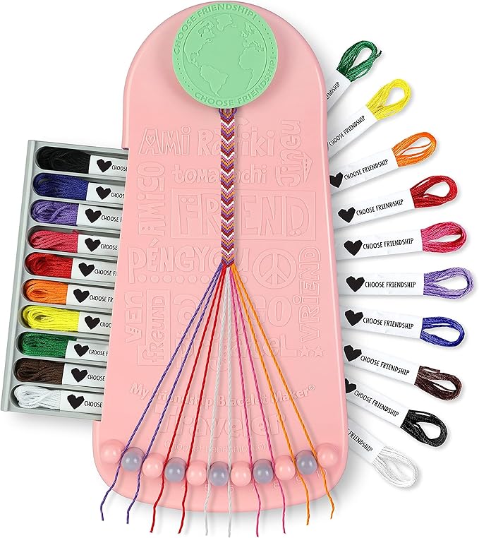 Choose Friendship Bracelet Making Kit – 20 Pre-Cut Threads, Portable Loom with Storage, Makes 8 Bracelets, Craft Gift for Kids Ages 8+, Blush Pink “Macaroon”-CubbioJoy