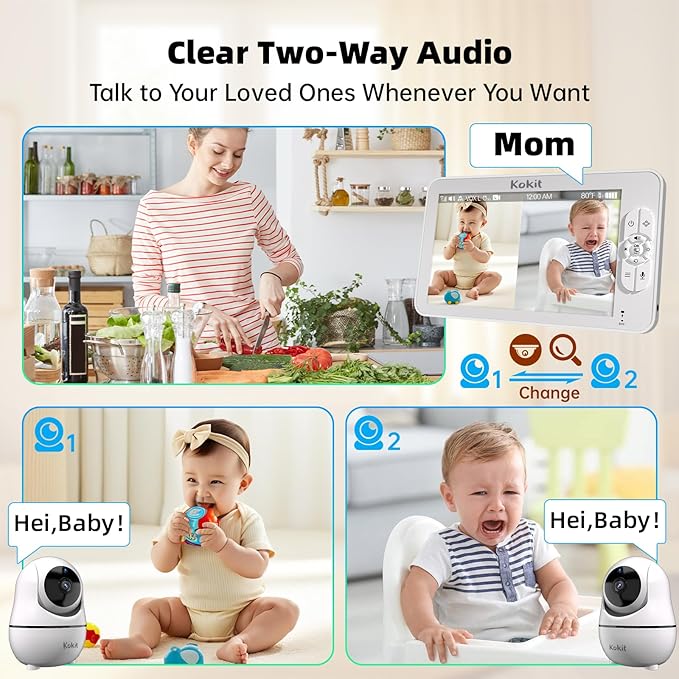 7" 1080P Full HD Split-Screen Baby Monitor,100 Hrs 5000mAh Battery Runs 4 Days with Flexible Bracket,No WiFi Baby Monitor with 2 FHD Cameras Hack-Proof,4X Zoom,2-Way Talk,Temp Alert/Lullabies/VOX-CubbioJoy
