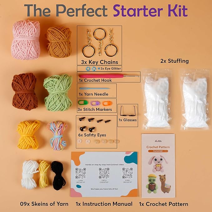 A-URA Learn to Crochet Kit for Beginners Kids and Adults, Premium 3 Animal Pattern Large Size Beginner Crochet Kits with Easy Tube Yarn & Step-by-Step Video Tutorials (Safari Friends–Larger Plushies)-CubbioJoy